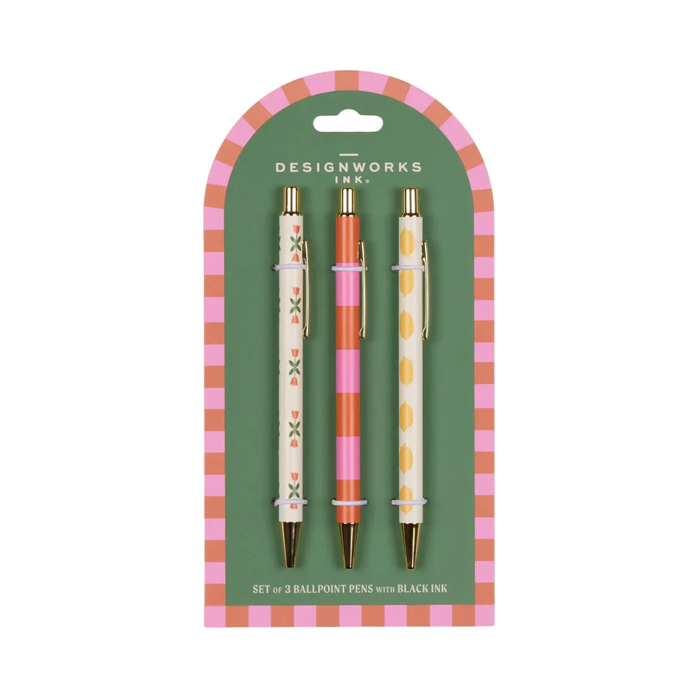 Lot de 3 stylos flower stripe & lemon - DESIGNWORKS