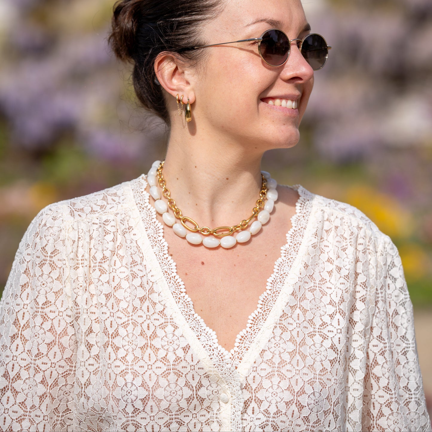Blouse manches courtes en dentelle Ecru Vicky - GRACE & MILA