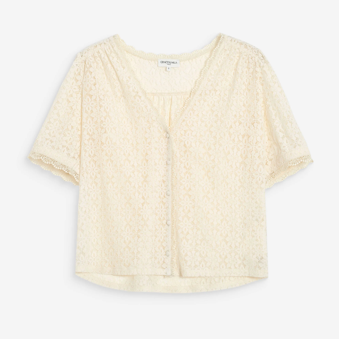 Blouse manches courtes en dentelle Ecru Vicky - GRACE & MILA