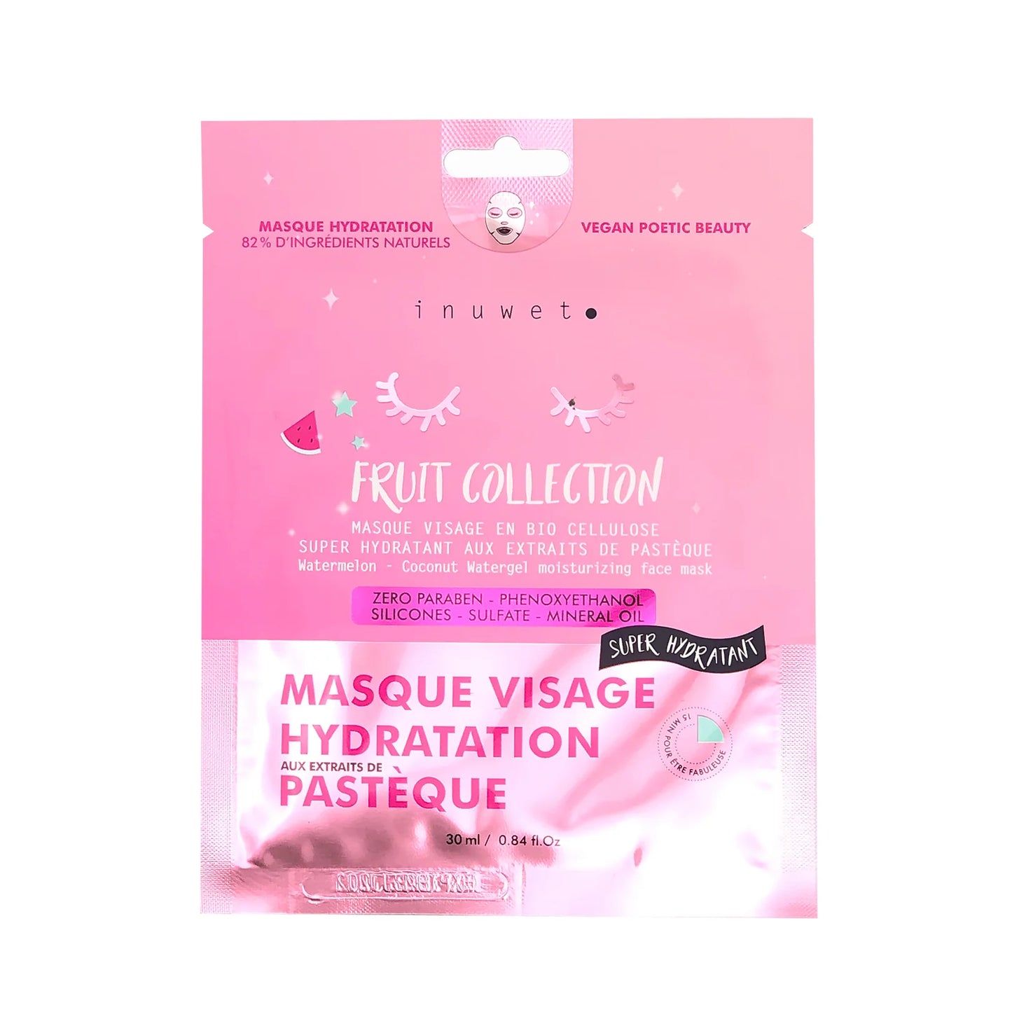Masque Fruit collection visage en bio-cellulose - Hydratant - Pastèque - INUWET