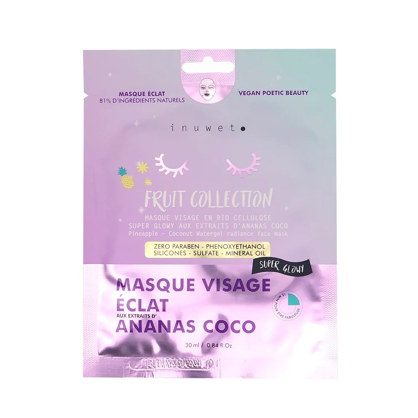 Masque Fruit collection visage en bio-cellulose - Eclat - Ananas coco - INUWET